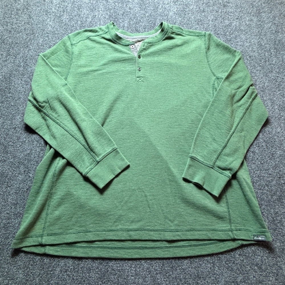 Eddie Bauer Mens 2XL Green Waffle Knit Henley Long Sleeve Shirt Casual Outdoor